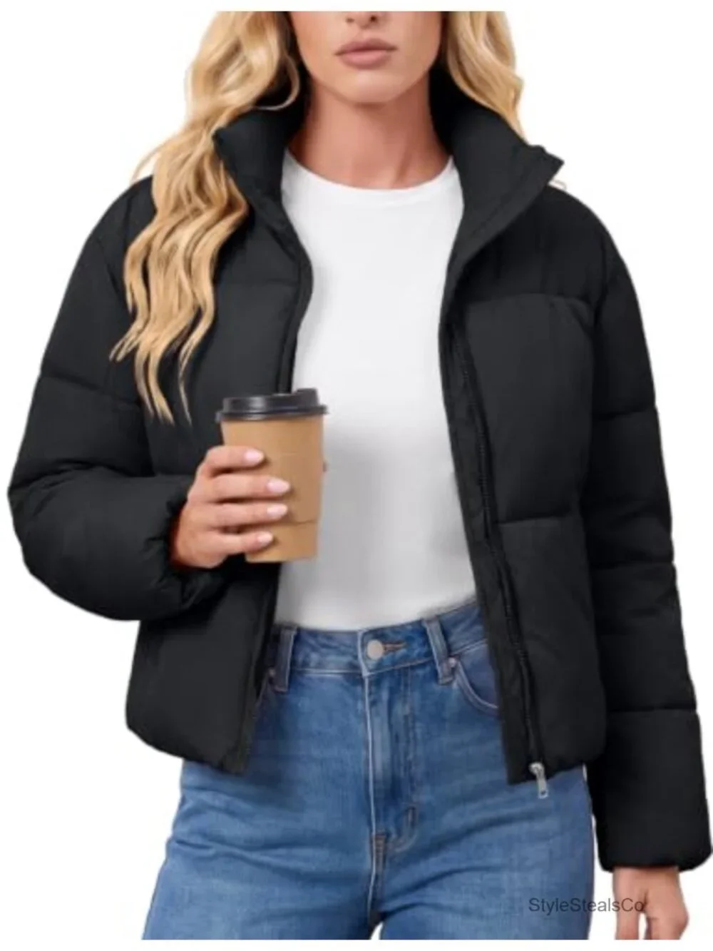 Cropped Quilted Puffer Jacket Warm Winter Coat Stand Collar Zip